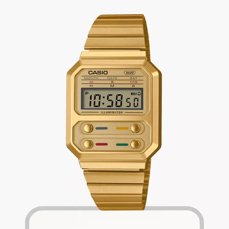 Casio Gold-tone Digital Grey Dial Watch- A100WEG-9A